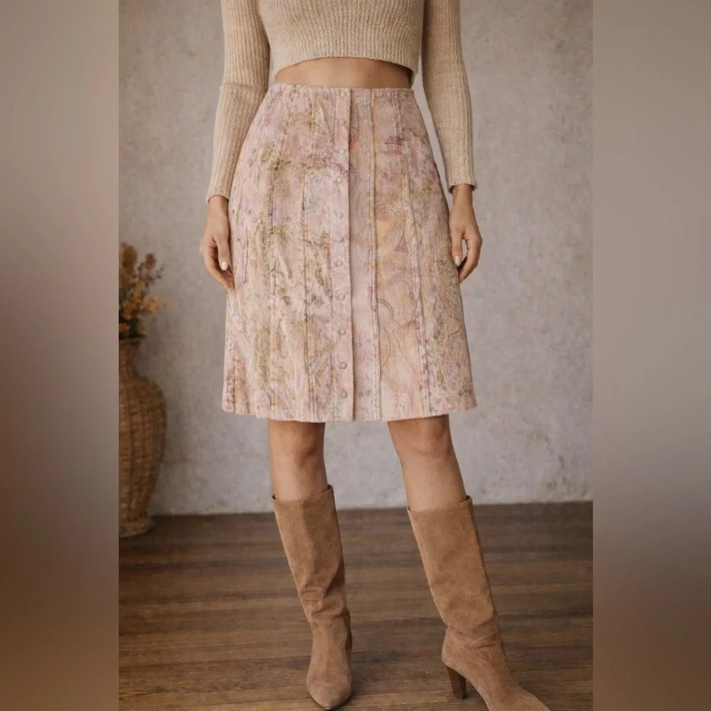 Vintage Beth Bowley Paisley Velvet Skirt | Size 2 | Button Front | Lined